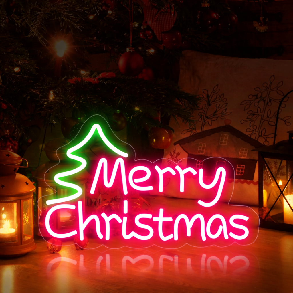 LED Merry Christmas Neon Sign with Christmas Tree Accent