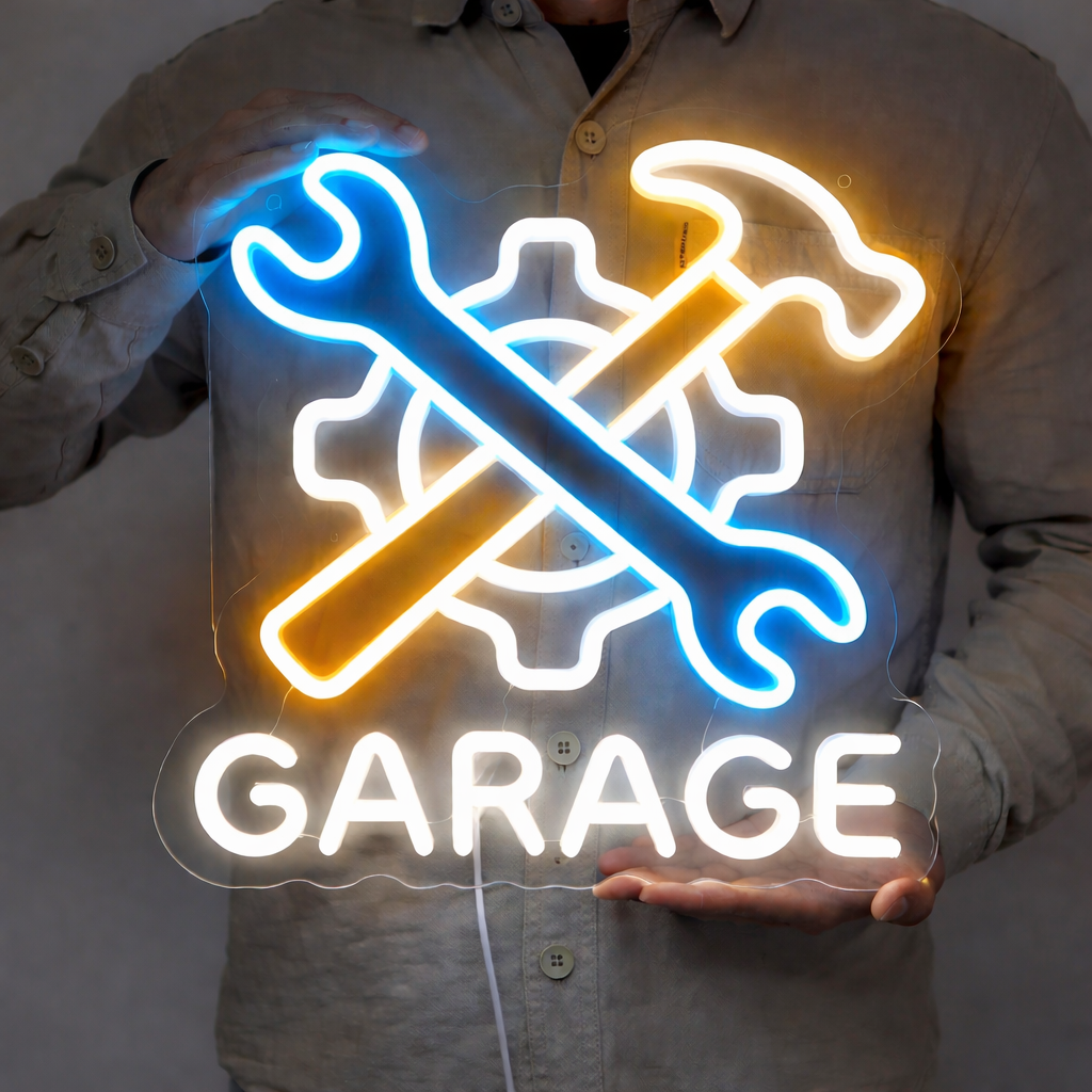 Mechanic Garage Tools LED Neon Sign with Wrench & Hammer for Workshop Decor