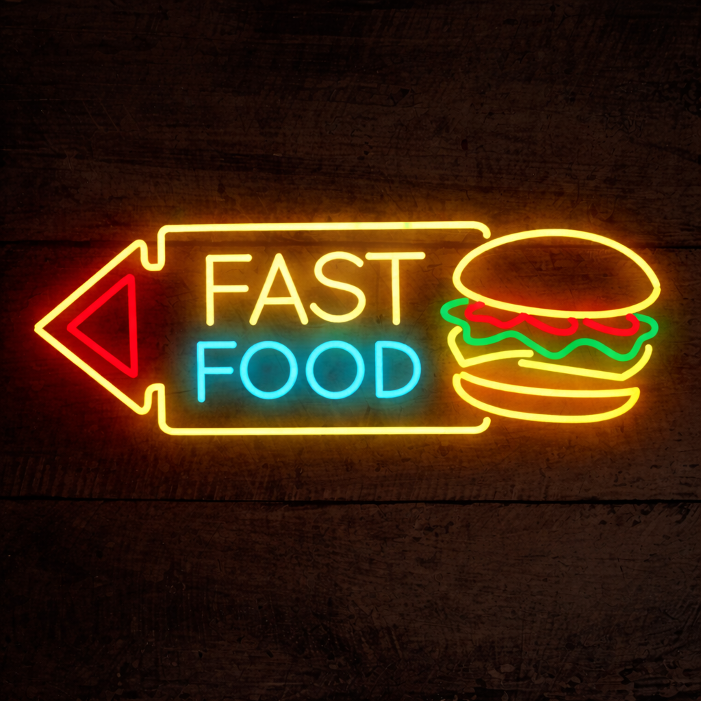Fast Food Arrow Burger LED Neon Sign for Restaurant, Diner & Takeaway Shop Decor
