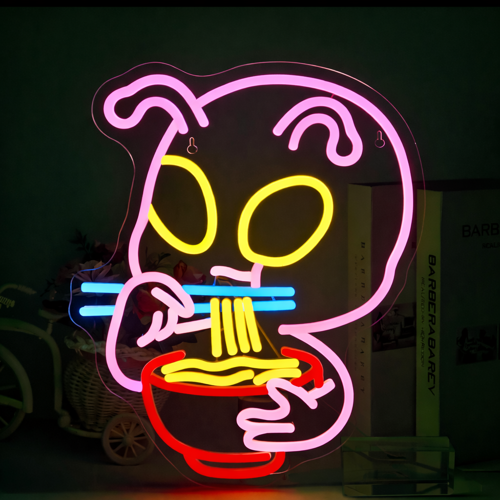 Cute Alien Eating Noodles LED Neon Sign Cartoon UFO Character Neon Light for Bedroom Bar Wall Decor