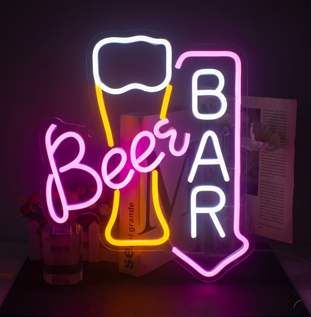 Beer Bar LED Neon Sign with Beer Glass and Arrow Decorative Wall Art for Pub Club Home Decor