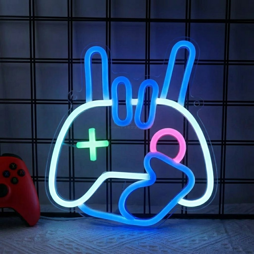Game Controller Peace Hand LED Neon Sign for Gaming Room Wall Decor