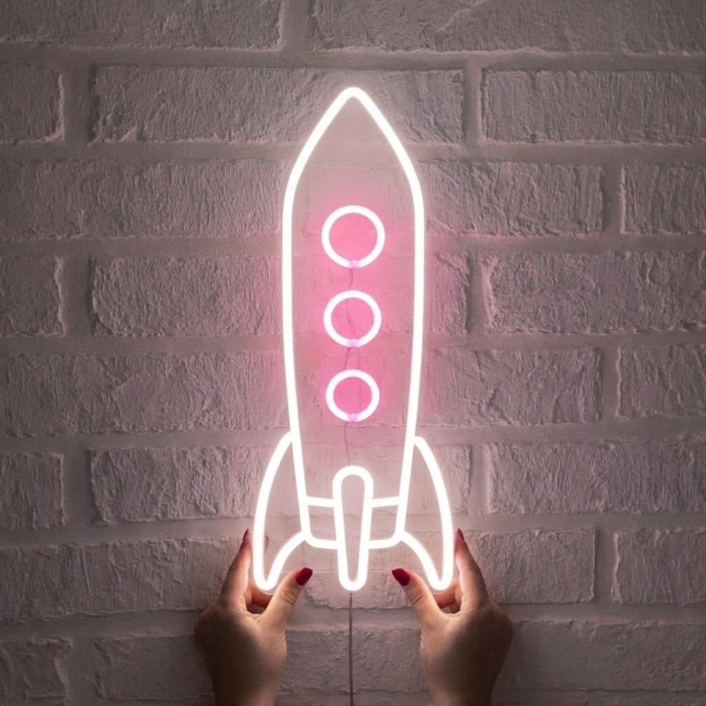 Rocket LED Neon Sign Blue White Space Neon Light for Kids Room Bedroom Gaming Wall Decor