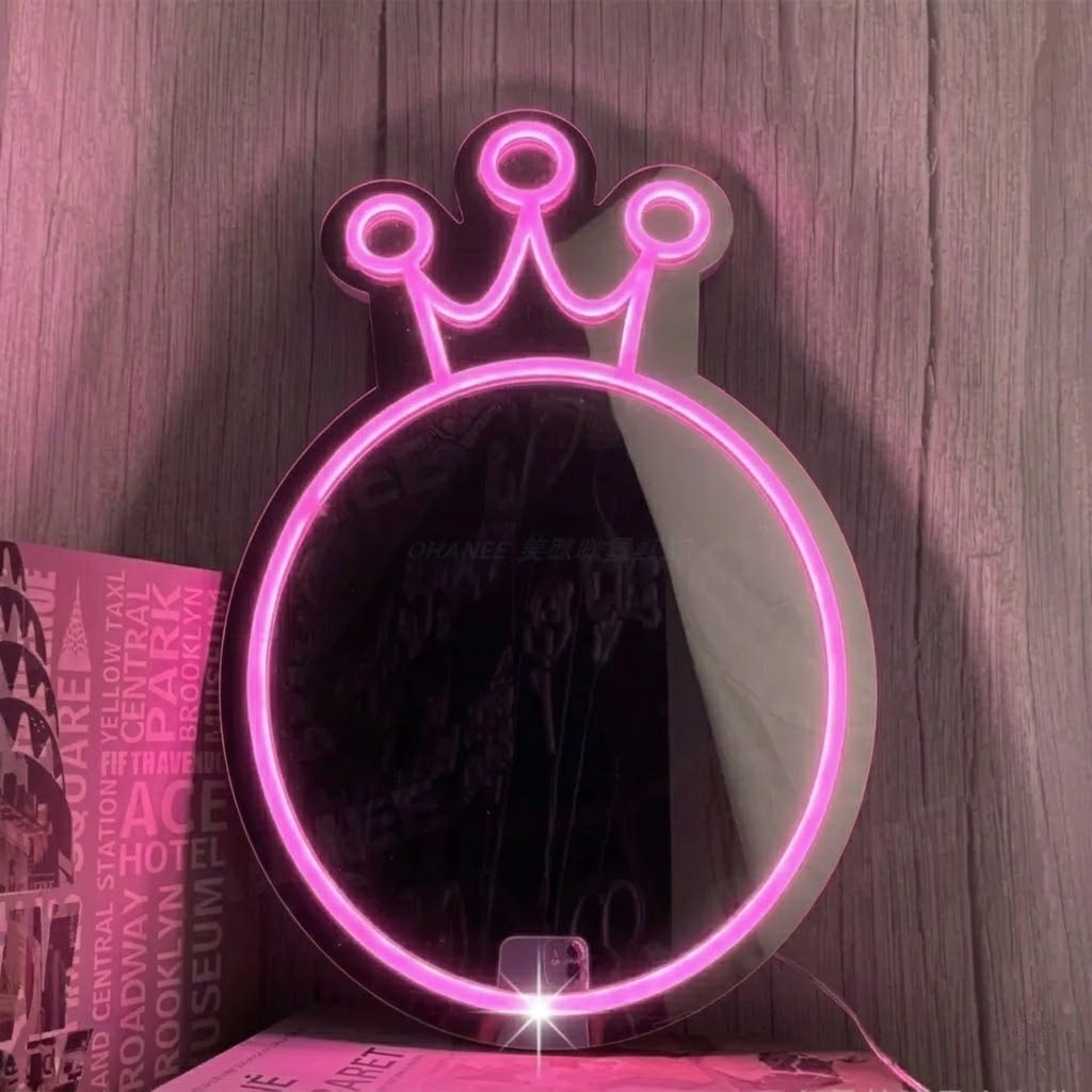 Princess Crown LED Neon Mirror Sign for Vanity, Bedroom & Cute Room Decor