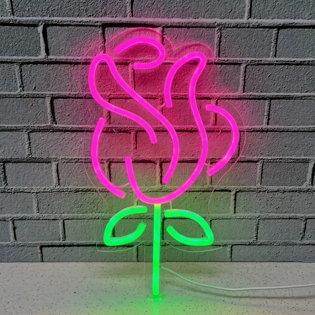Rose LED Neon Sign Flower Neon Light with Green Stem for Bedroom Romantic Wall Decor