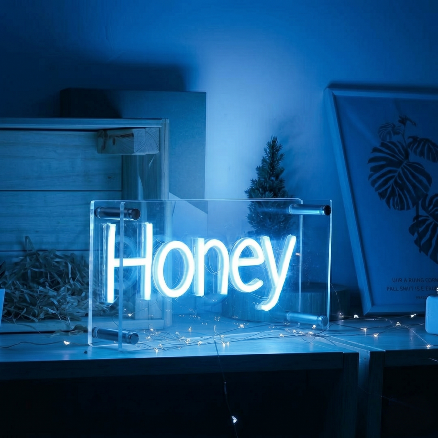 Honey LED Neon Sign Ice Blue Word Neon Light Wall Decor for Bedroom Kitchen Cafe Bakery