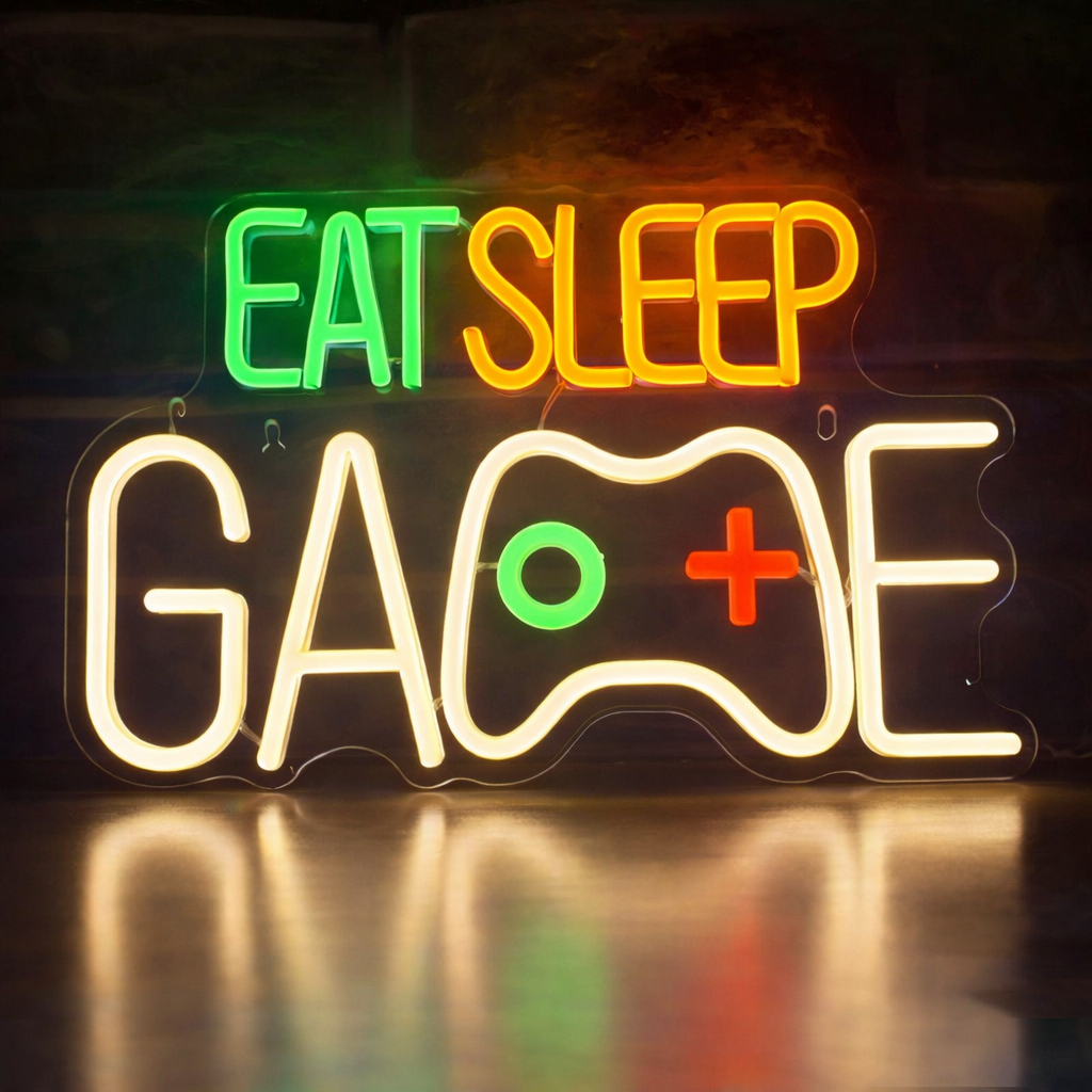 Eat Sleep Game LED Neon Sign with Controller Design for Gaming Room & Stream Setup