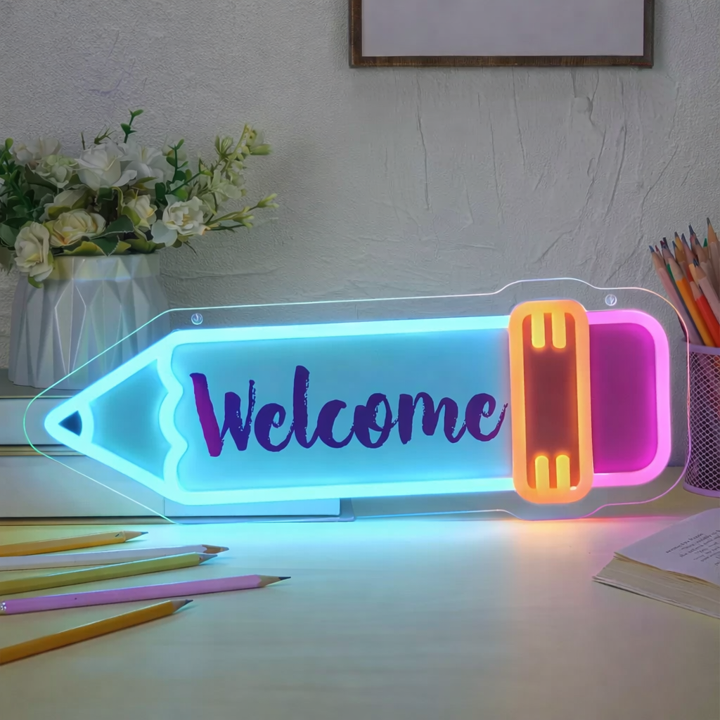 Personalized Classroom Welcome Pencil LED Neon Sign for School Desk Decor