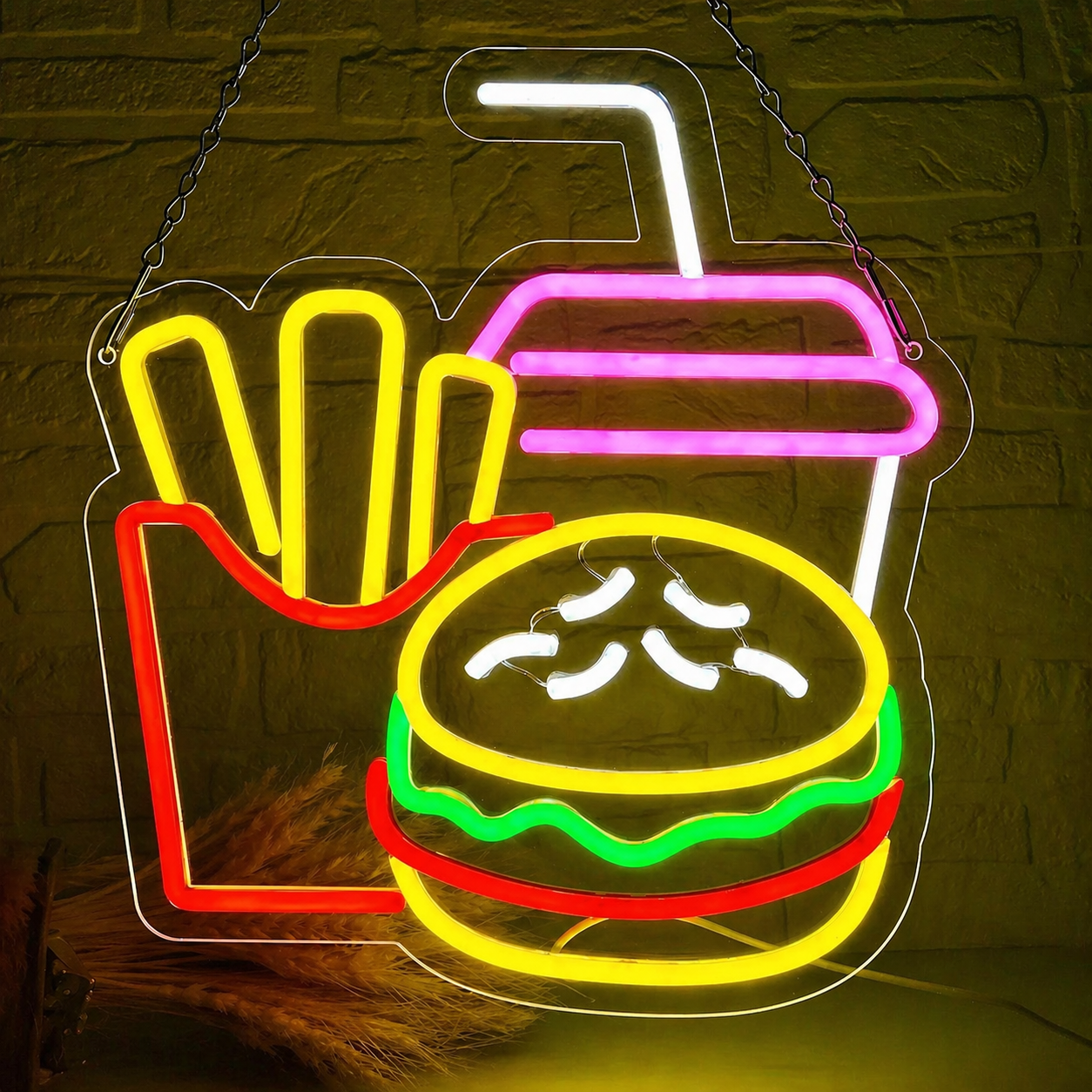 Burger Fries & Drink LED Neon Sign Fast Food Combo Neon Light Wall Decor for Restaurant Cafe Bar