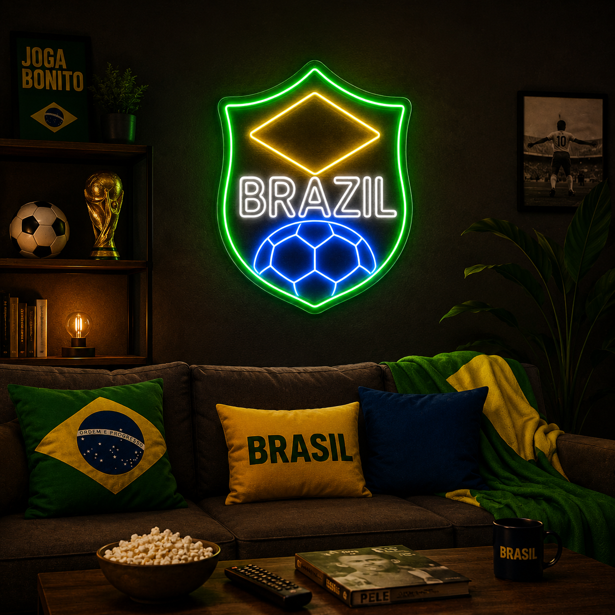 Brazil Shield Soccer LED Neon Sign Brazilian Football Neon Light Wall Decor for Sports Bar Game Room