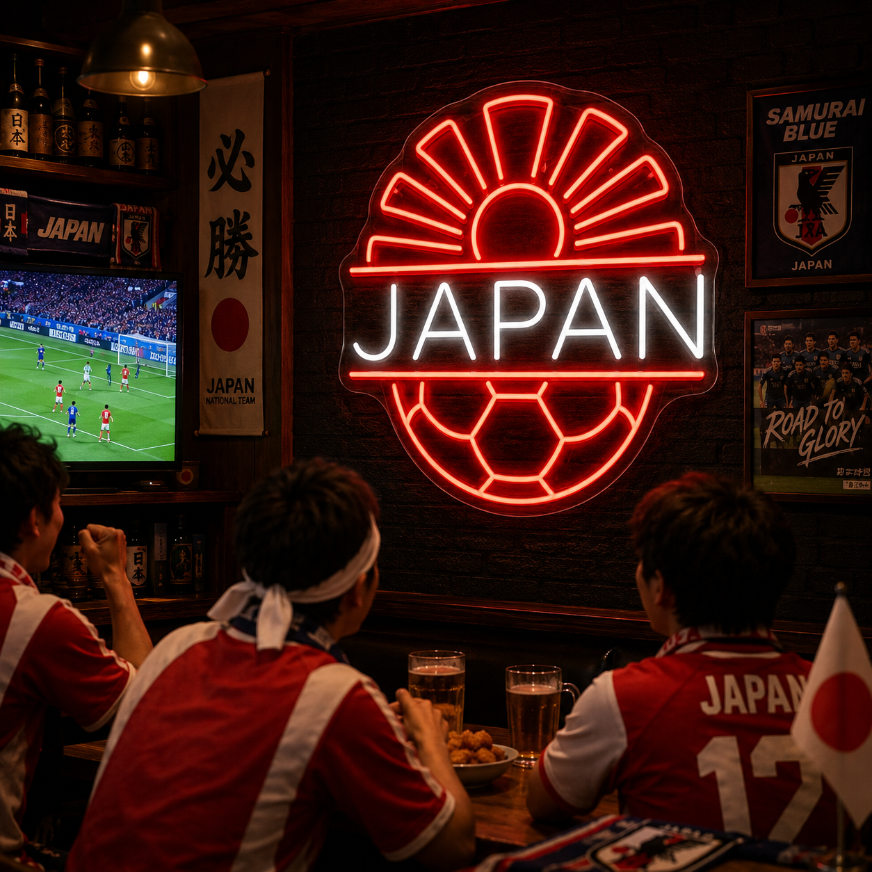 Japan Soccer LED Neon Sign Japanese Rising Sun Football Neon Light Wall Decor for Sports Bar Game Room