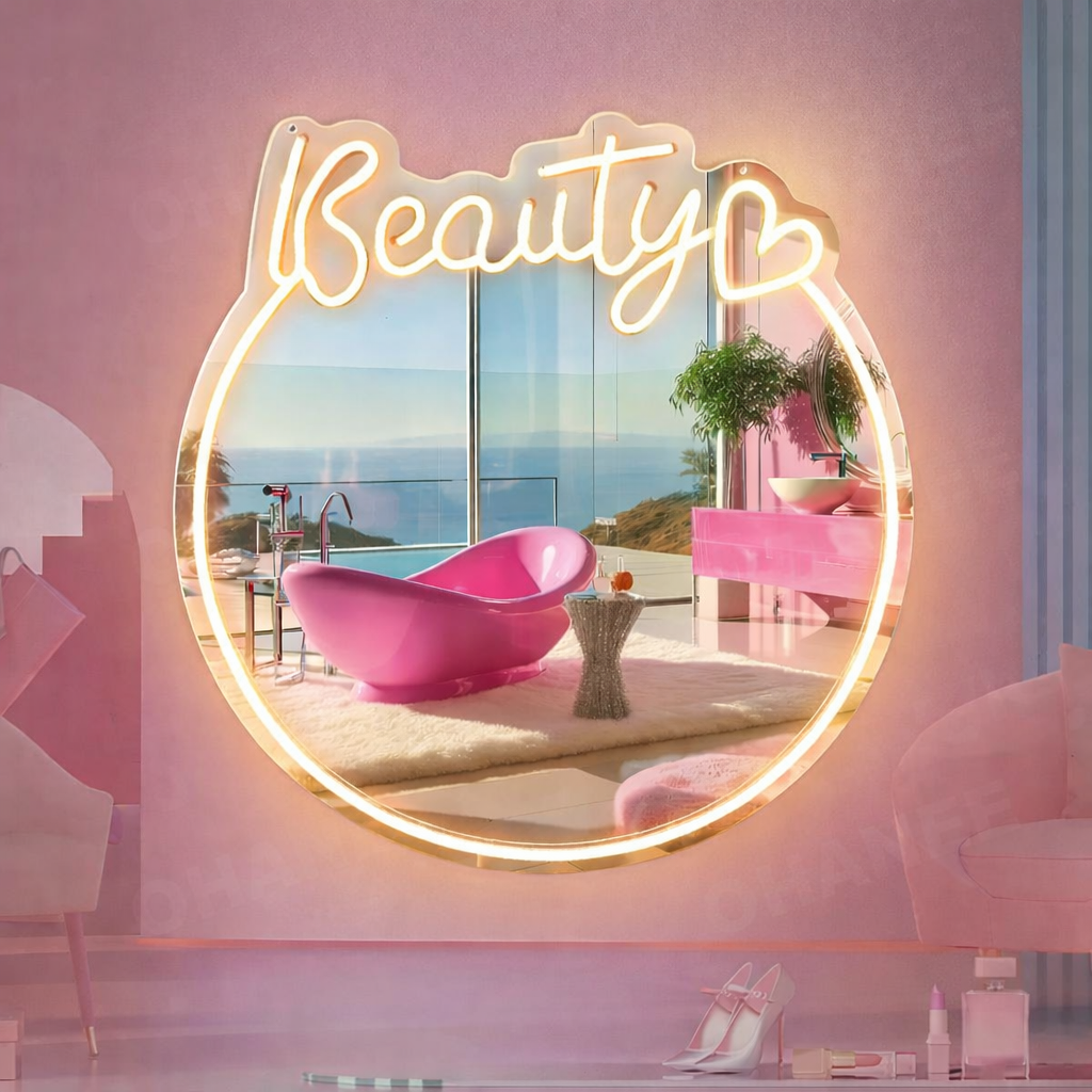 Personalized Beauty LED Neon Mirror Sign for Vanity & Salon Spaces