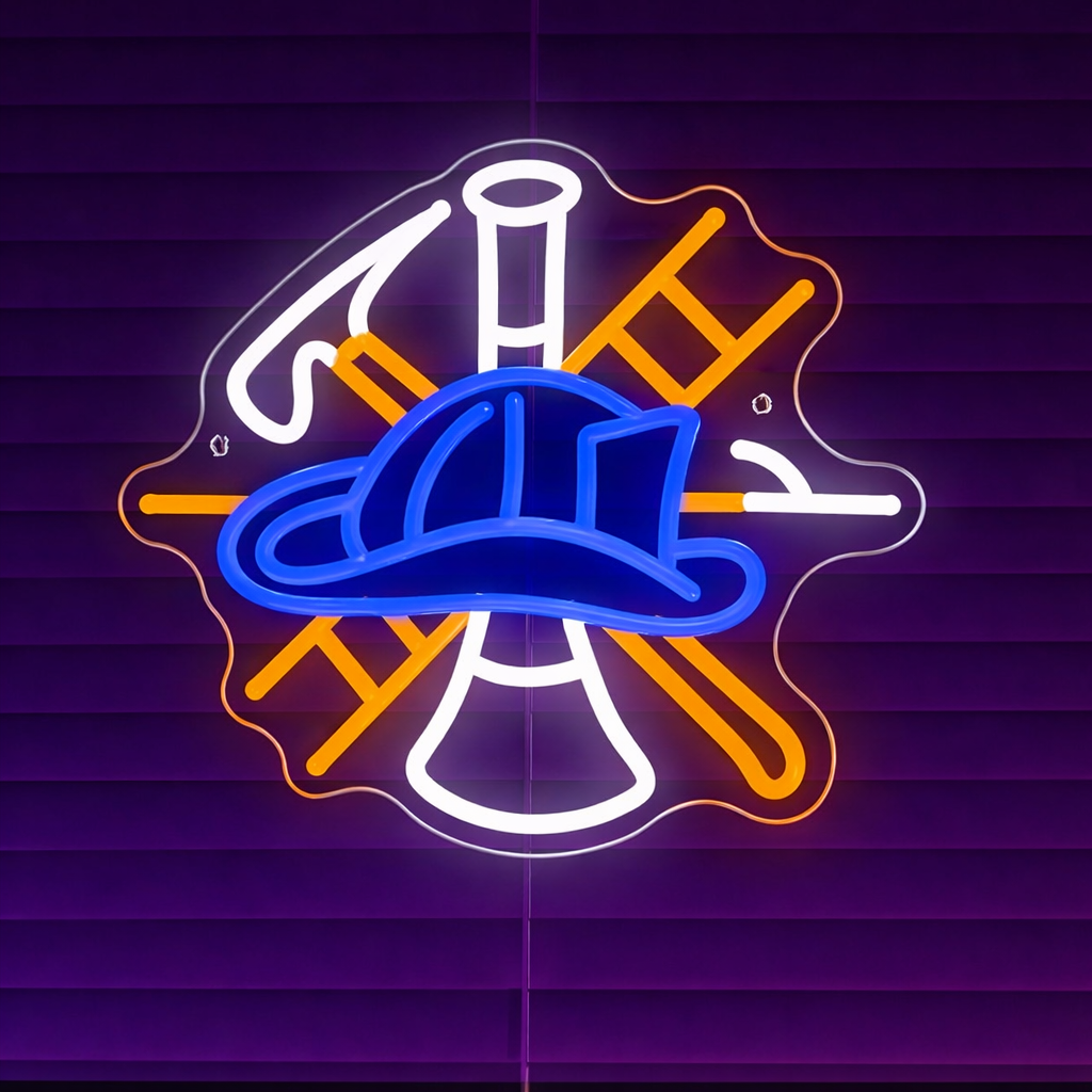 Firefighter Helmet & Tools LED Neon Sign for Firehouse Wall Decor