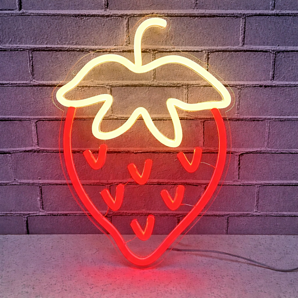 Strawberry LED Neon Sign Red Fruit Neon Light with Green Leaf for Bedroom Kitchen Wall Decor