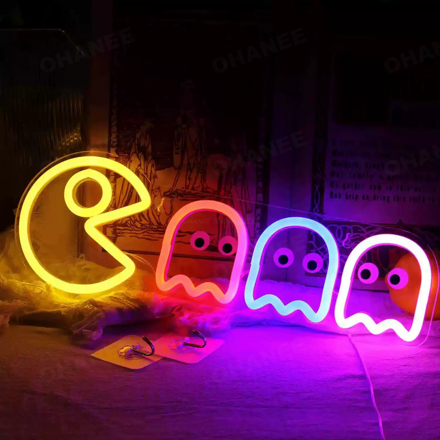 Retro Pac-Man Ghost LED Neon Sign for Game Room, Arcade Wall Decor & Gaming Setup