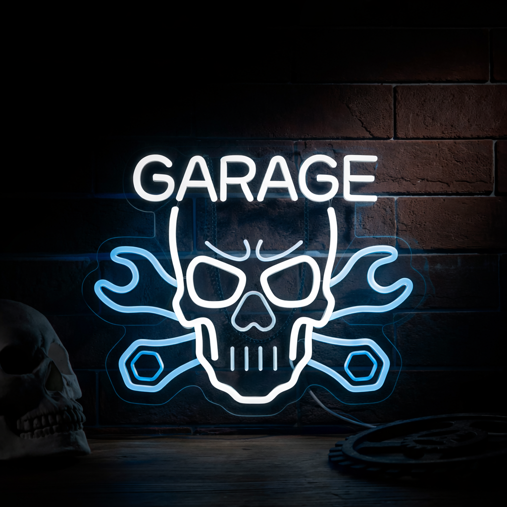 Skull Garage LED Neon Sign with Wrench Cross for Motorcycle Workshop Decor
