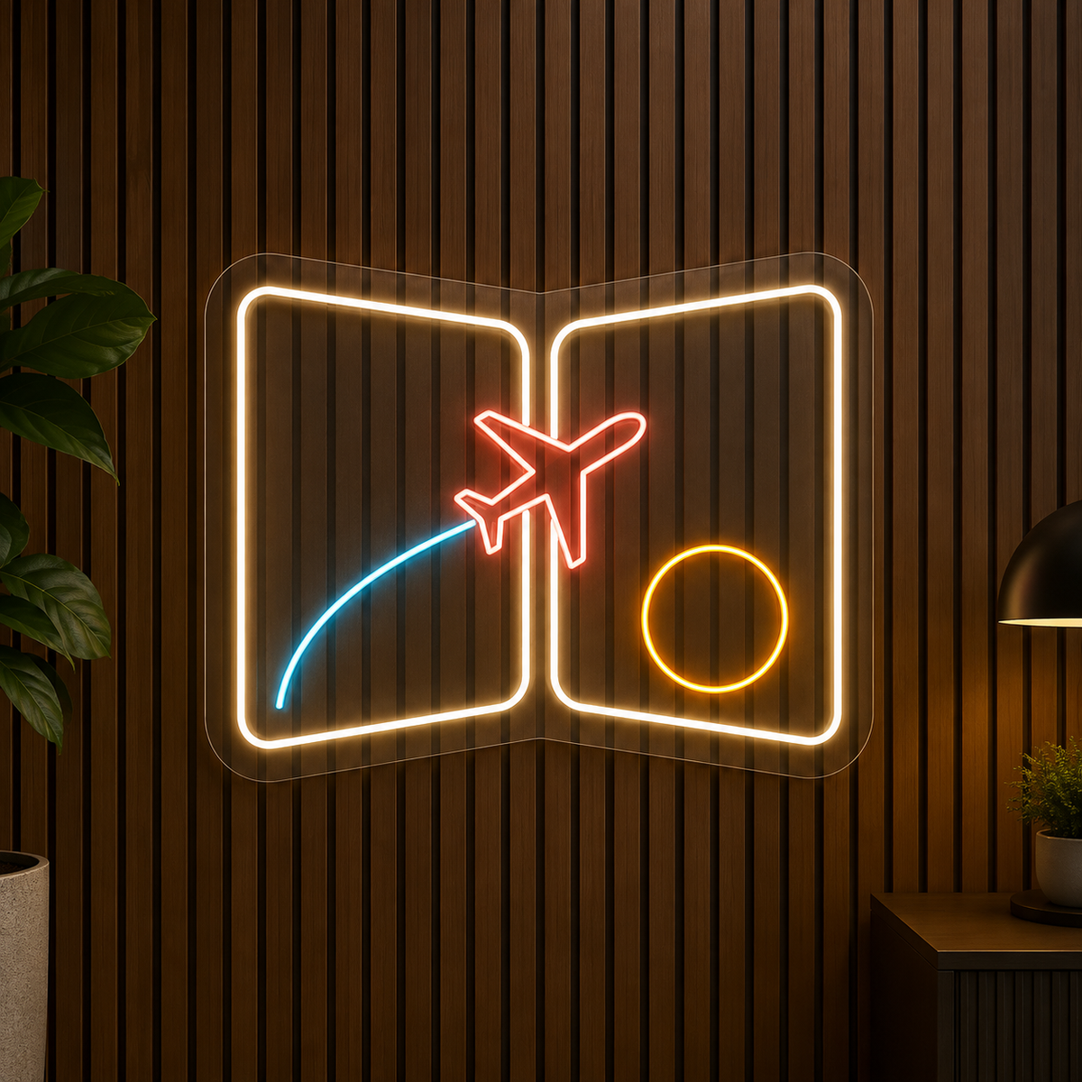 Open Passport & Airplane LED Neon Sign for Passport & Visa Services - design reference