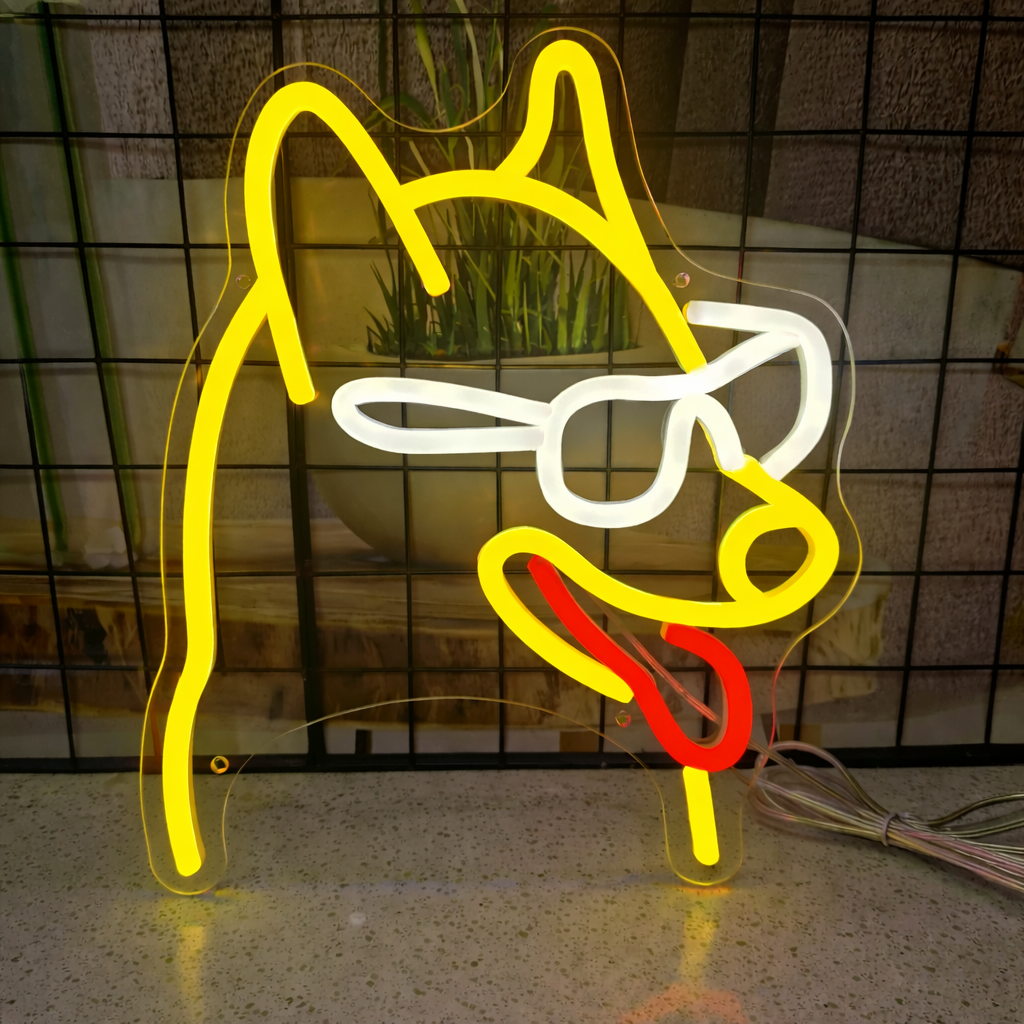 Cool Dog LED Neon Mirror Sign with Sunglasses for Bar, Bedroom & Trendy Room Decor