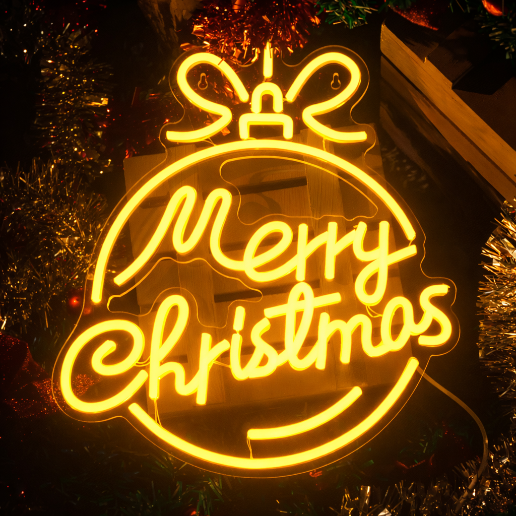 LED Merry Christmas Neon Sign White Script Ornament Style