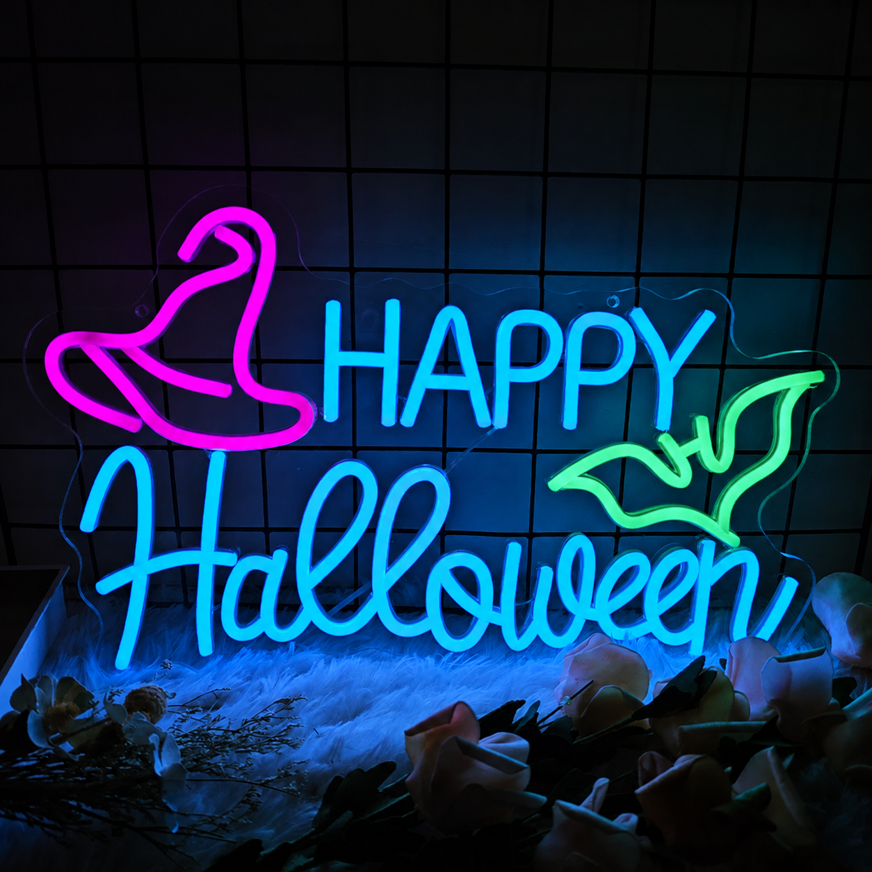 Happy Halloween LED Neon Sign Witch Hat Bat Neon Light Wall Decor for Party Bar Room Halloween Decor
