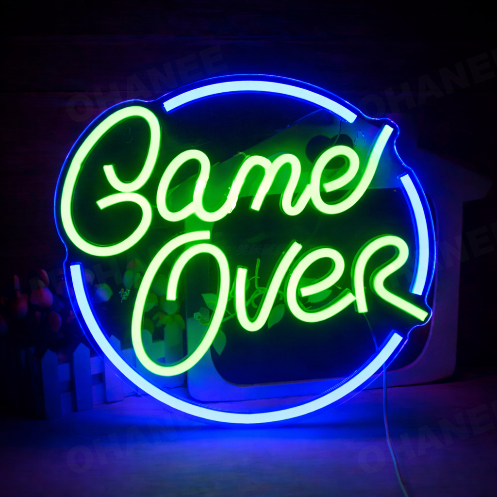 Game Over Neon Sign with Circle Frame for Gaming Room, Stream Setup & Arcade Decor