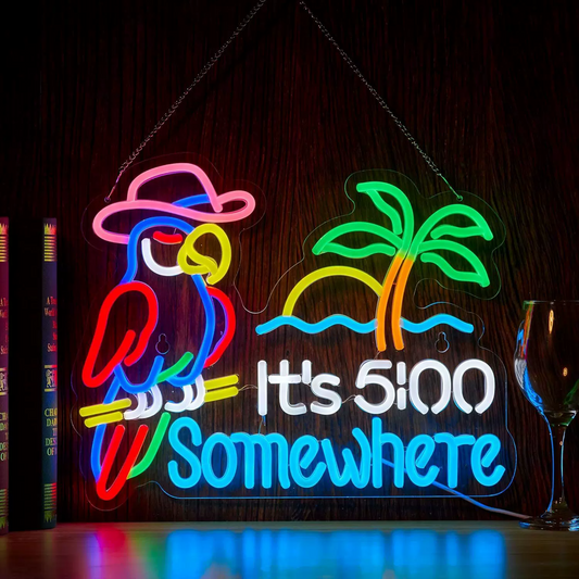 It’s 5:00 Somewhere LED Neon Sign Colorful Parrot Tropical Neon Light Wall Decor for Bar