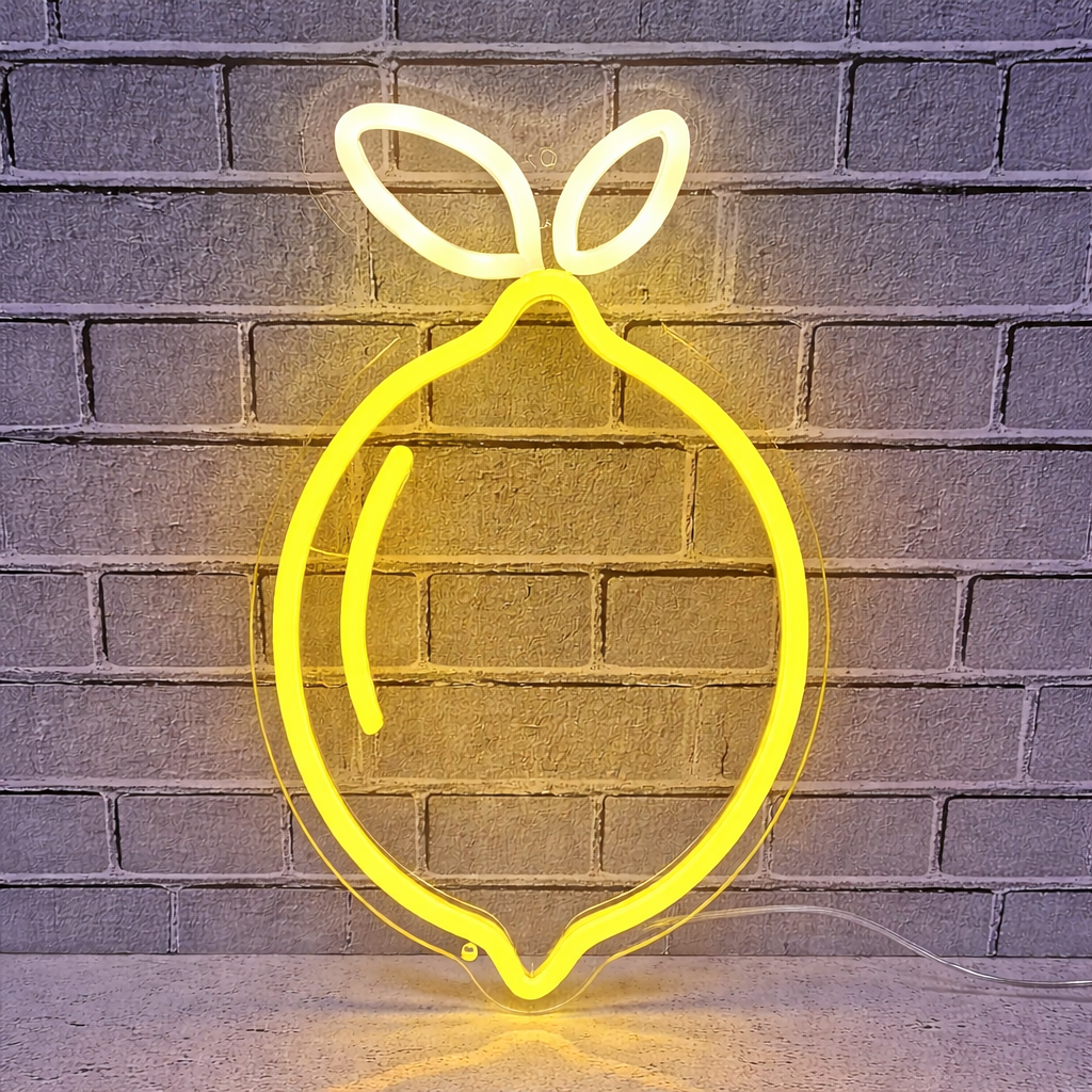 Lemon LED Neon Sign Yellow Fruit Neon Light with Green Leaves for Kitchen Bar Wall Decor