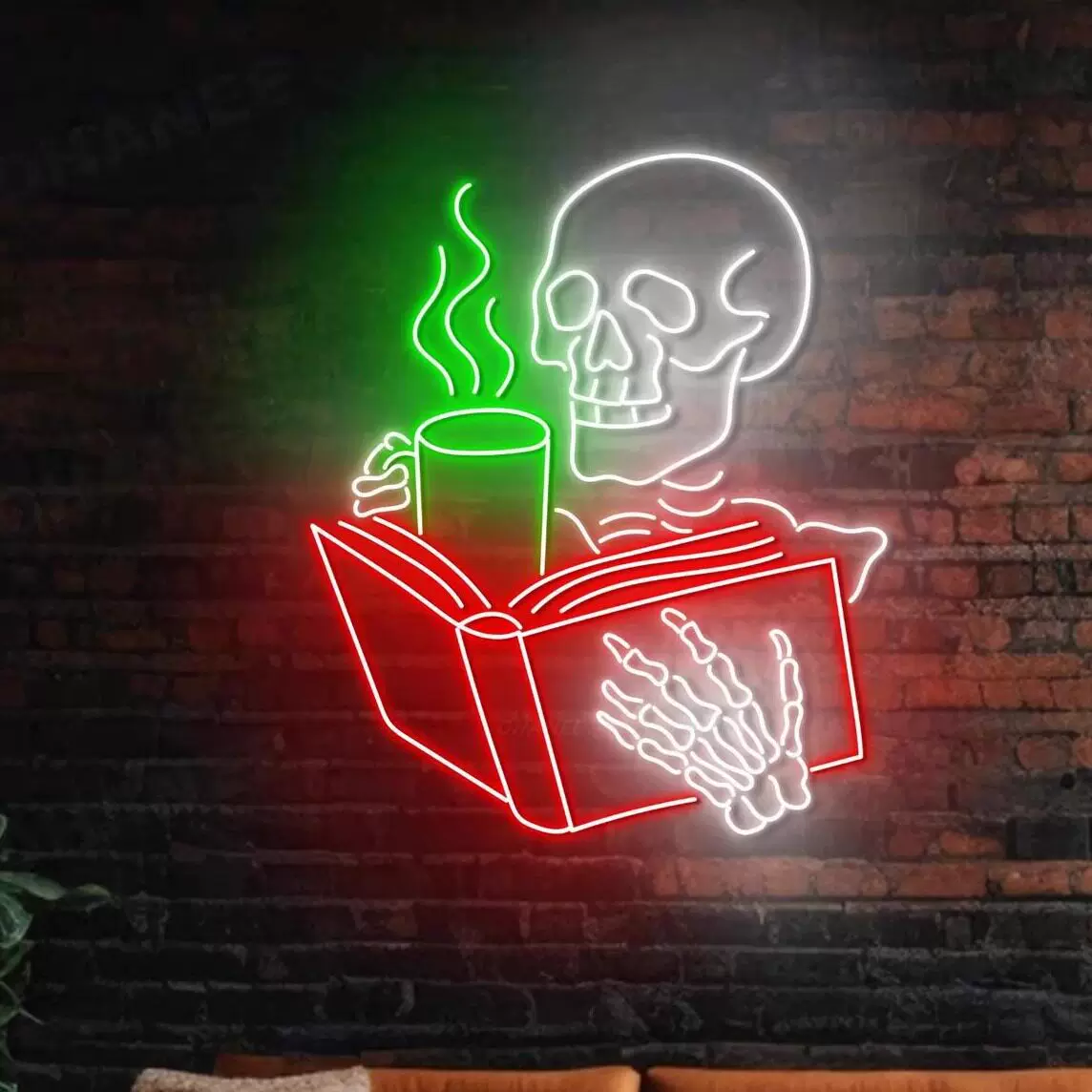 Skeleton Reading Book LED Neon Sign Funny Skull Coffee Wall Light for Halloween Bar Room Decor