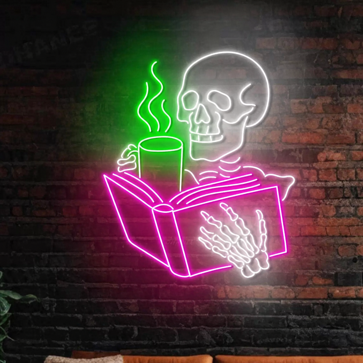 Skeleton Reading Book LED Neon Sign Funny Skull Coffee Wall Light for Halloween Bar Room Decor