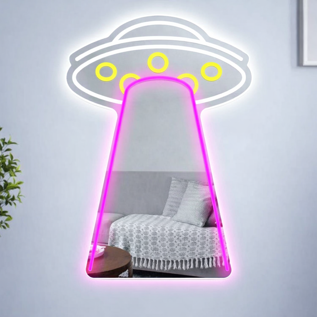 UFO LED Neon Mirror Sign for Bedroom Game Room Wall Decor