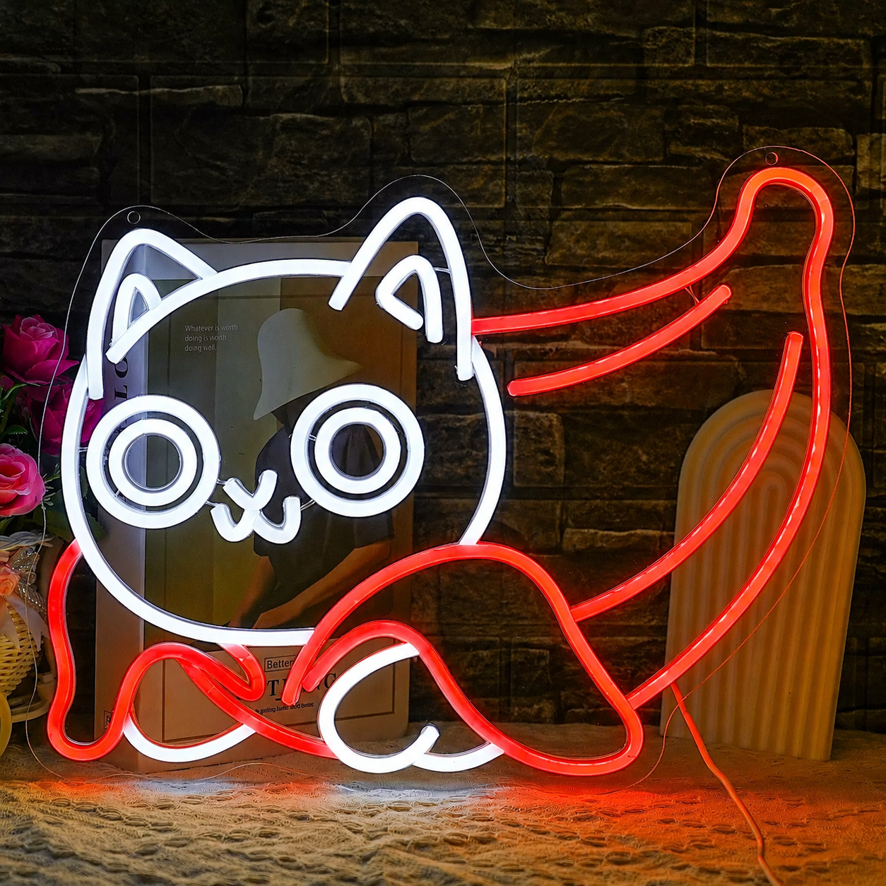Banana Cat LED Neon Sign Yellow White Cute Cat Neon Light Wall Decor for Bedroom Kids Room