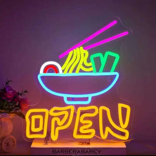 Ramen Open LED Neon Sign Multicolor Noodle Bowl Neon Light for Restaurant Shop Wall Decor