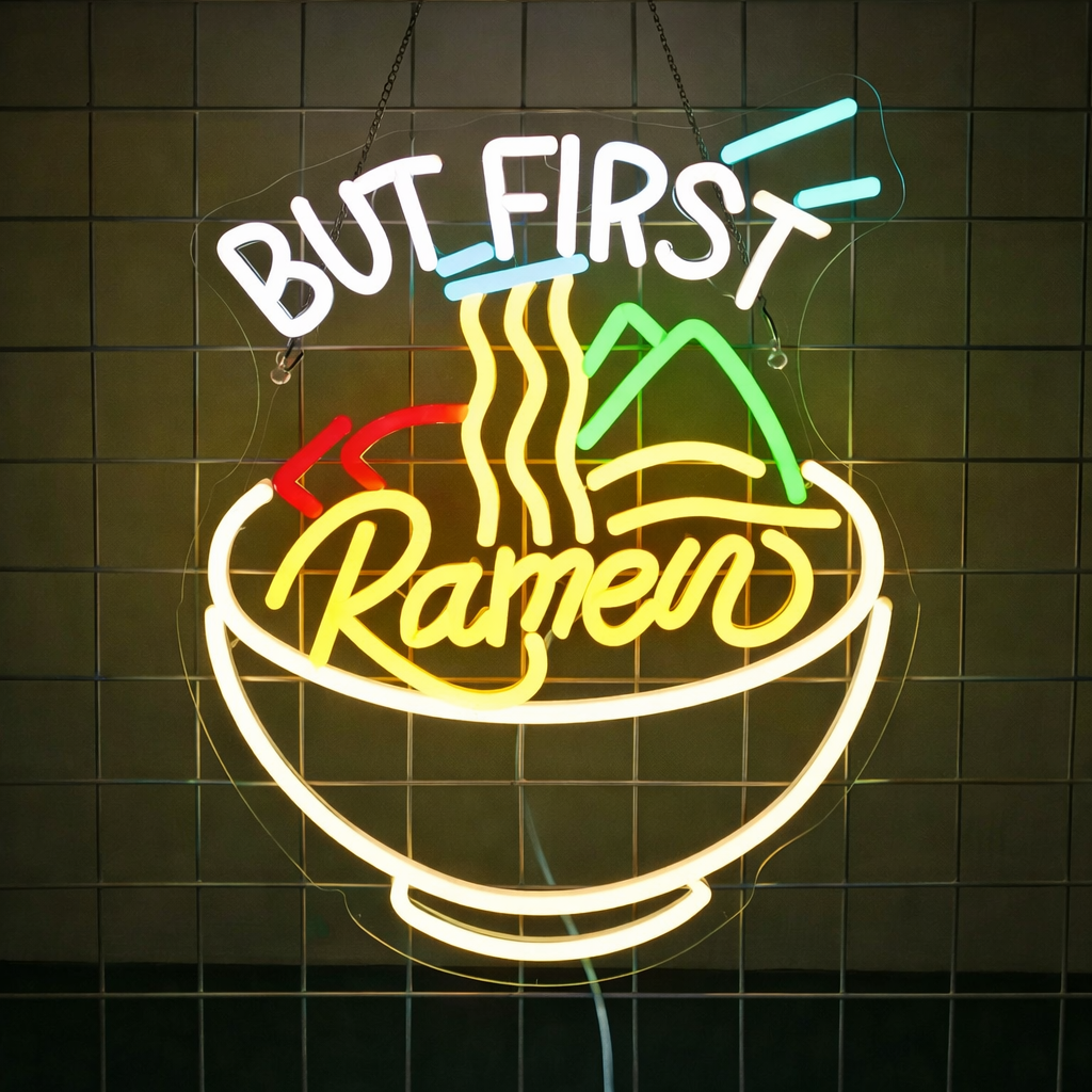 “But First Ramen” LED Neon Sign Funny Noodle Neon Light for Kitchen Café Restaurant Wall Decor