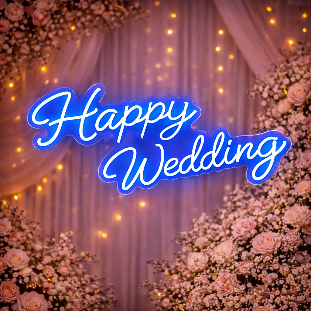 Happy Wedding Script LED Neon Sign Romantic Warm White Neon Light for Wedding Reception Backdrop Decor