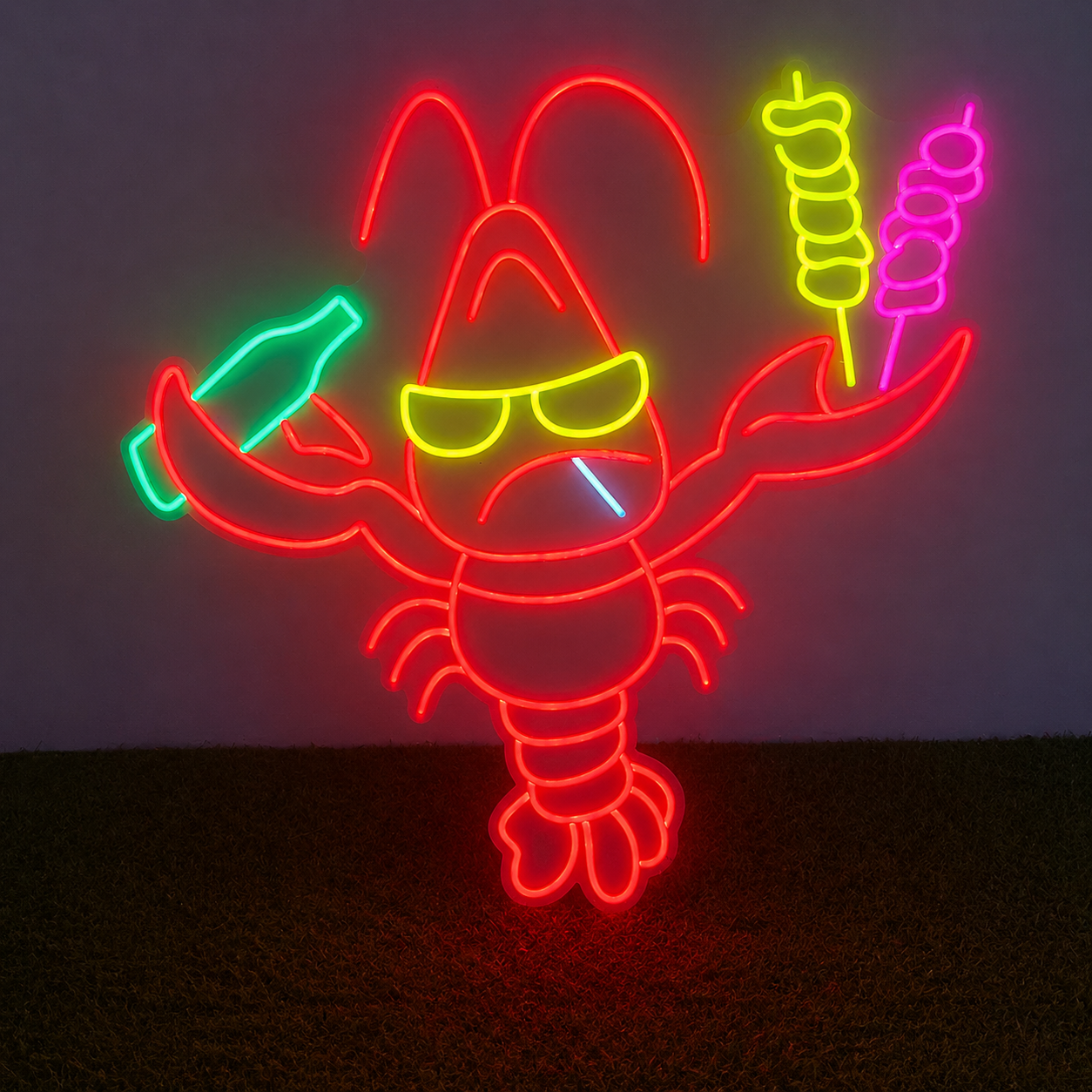 Funny Lobster LED Neon Sign with Beer & Skewers Cartoon Seafood Neon Light Wall Decor for Bar Restaurant Party