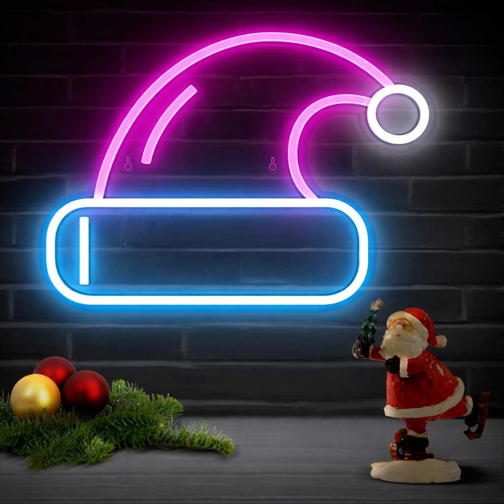 LED Santa Hat Neon Sign Red & White Christmas Decoration