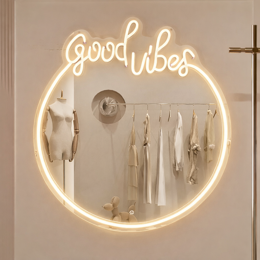 Good Vibes LED Neon Mirror Sign for Boutique, Bedroom & Aesthetic Room Decor