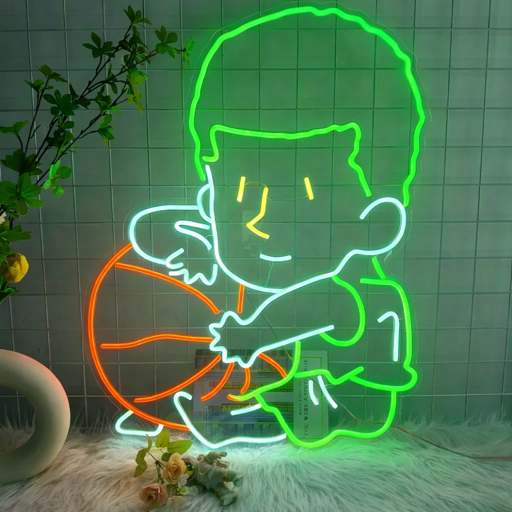 Cartoon Basketball Player LED Neon Sign for Kids Room & Sports Decor
