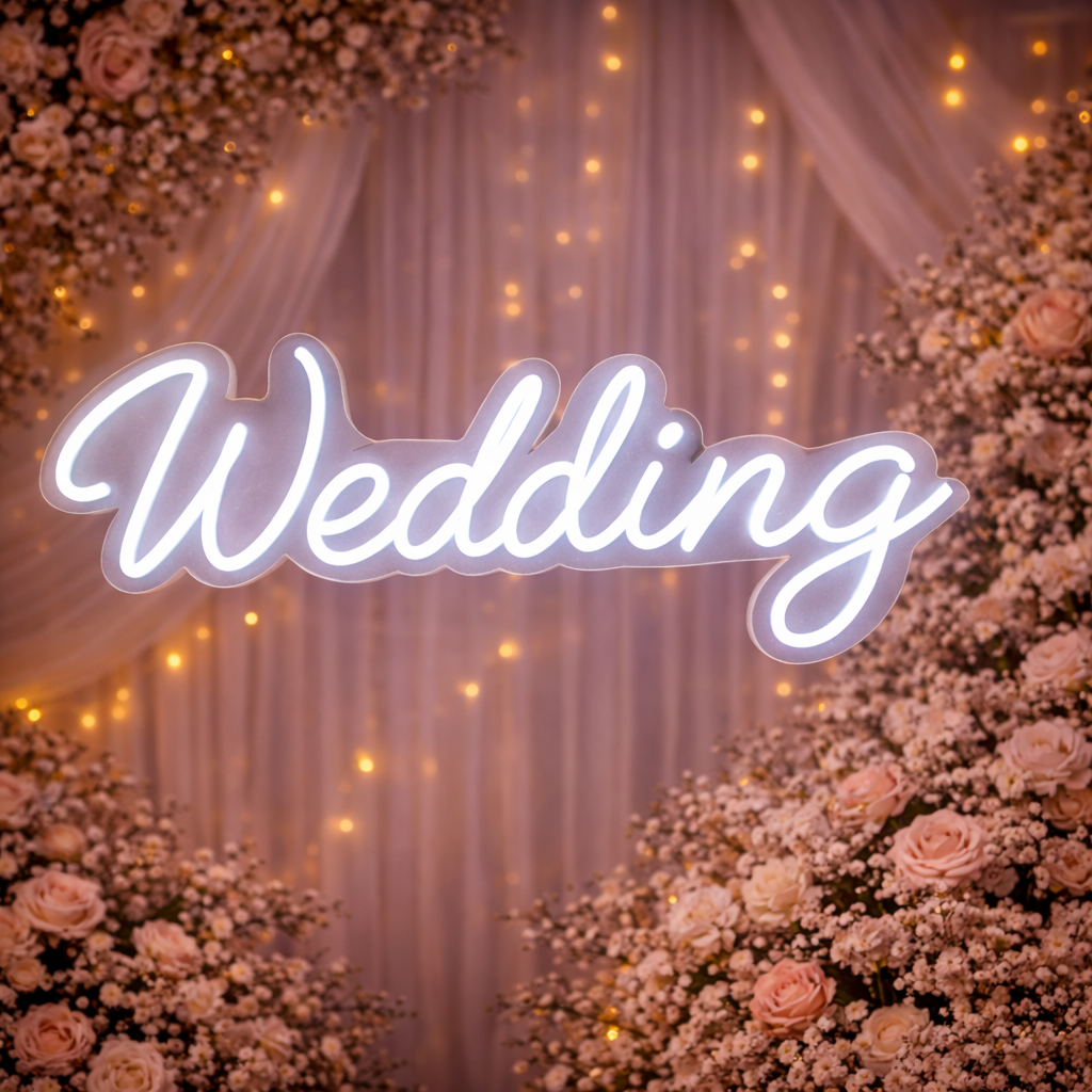 Wedding Script Blue LED Neon Sign Romantic Hanging Neon Light for Wedding Backdrop Decor