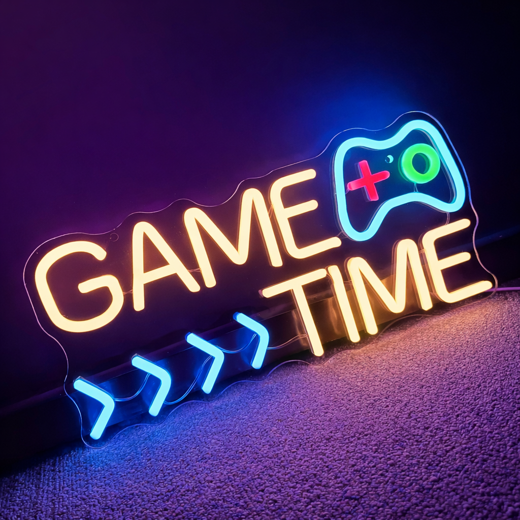 Game Time LED Neon Sign with Controller Design for Gaming Room, Stream Setup & Gamer Decor