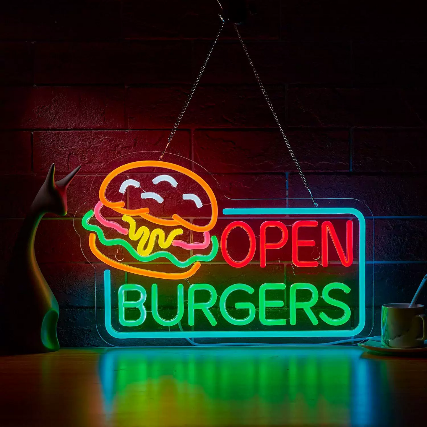 Open Burgers LED Neon Sign Hamburger Neon Light Wall Decor for Restaurant Cafe Fast Food Shop Bar
