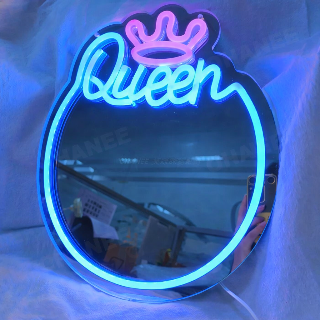 “Queen” LED Neon Mirror Sign for Vanity & Glam Room Decor
