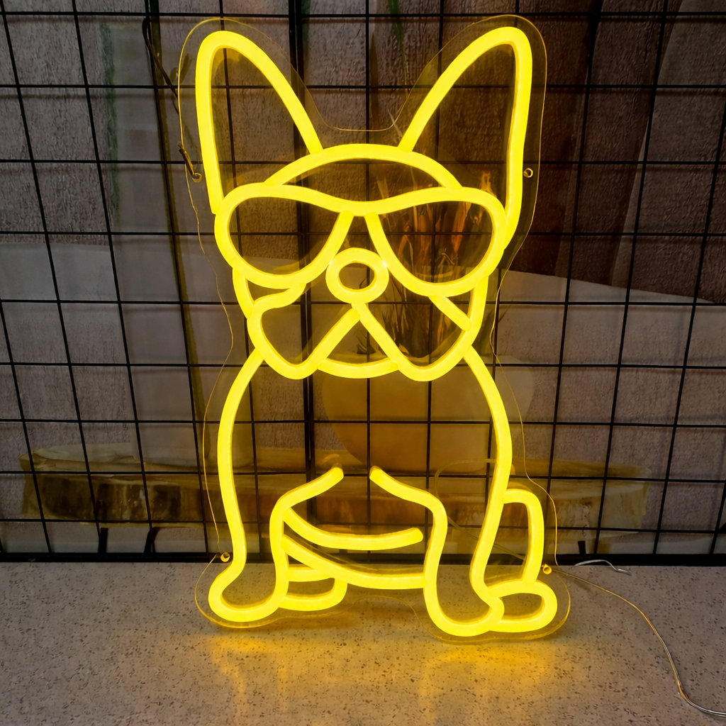 Cute French Bulldog LED Neon Sign with Sunglasses for Bedroom, Bar & Fun Room Decor