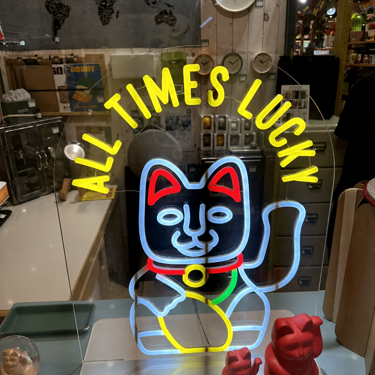 All Times Lucky Cat LED Neon Sign Maneki Neko Neon Light Wall Decor for Shop Home