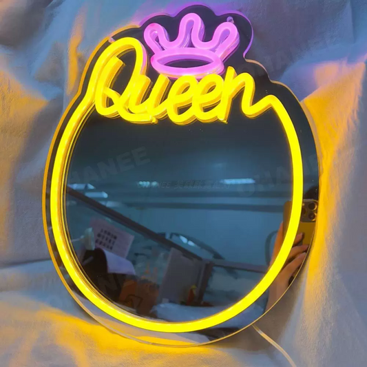 “Queen” LED Neon Mirror Sign for Vanity & Glam Room Decor