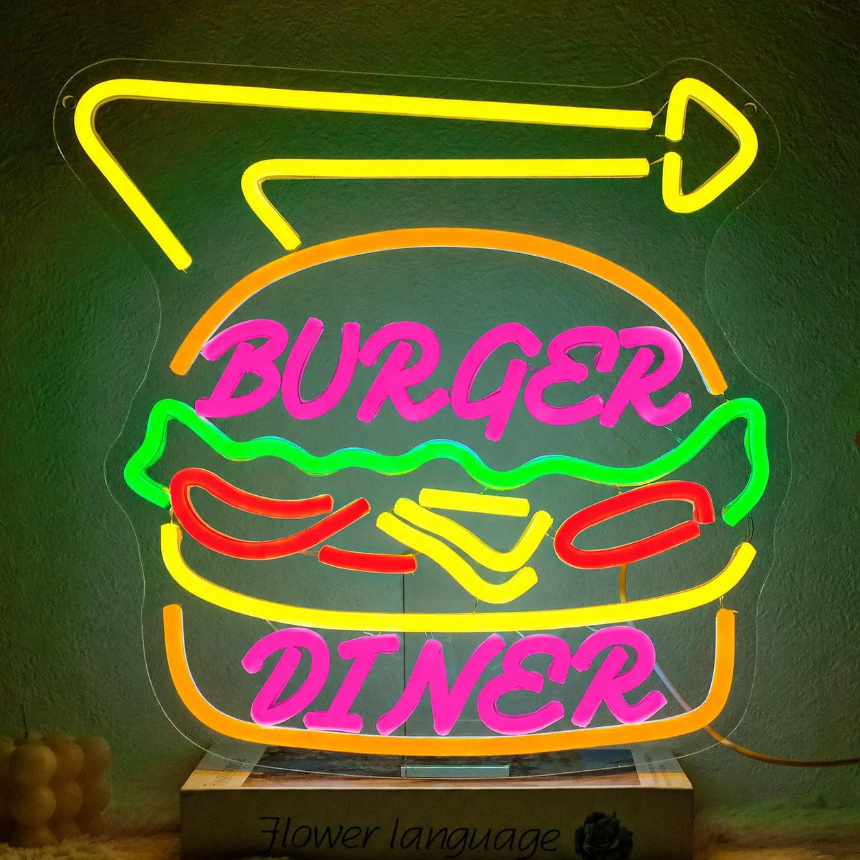 Burger Diner LED Neon Sign Retro Hamburger Neon Light Wall Decor for Restaurant Cafe Bar Kitchen