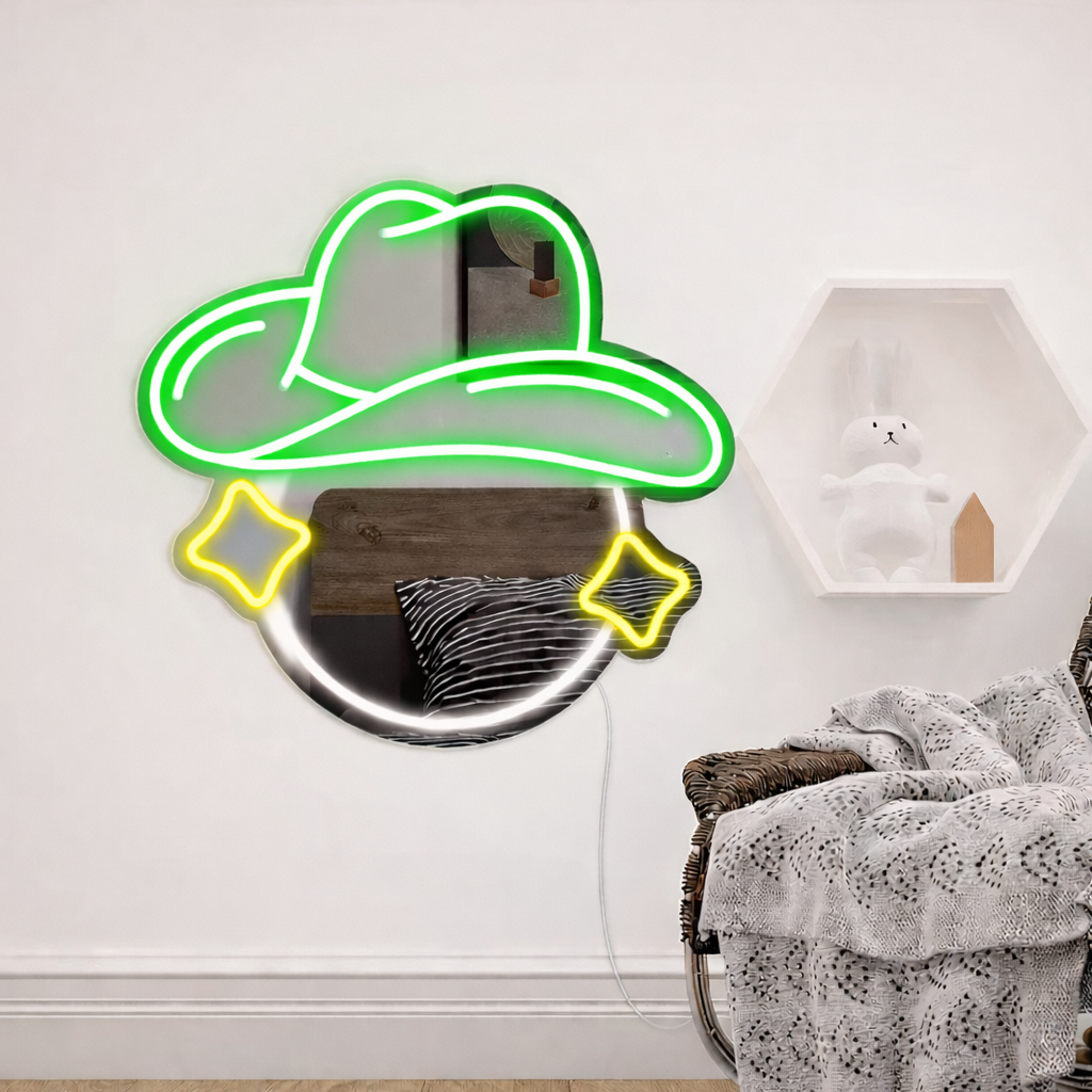 Cowgirl Hat LED Neon Mirror Sign for Bedroom, Western Room Decor & Aesthetic Spaces