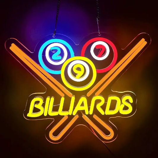 Classic Billiards LED Neon Sign with Crossed Pool Cues and 2-7-9 Balls for Bar Decor