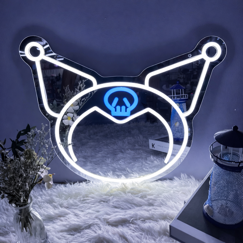 Cartoon Skull Bunny LED Neon Mirror Sign for Bedroom Gaming Room Wall Decor