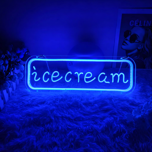 Ice Cream LED Neon Sign Pink Rectangle Hanging Neon Light for Cafe Dessert Shop Wall Decor